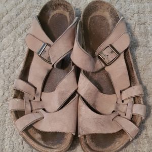 Birkenstocks multi strap slip on tan sandals
